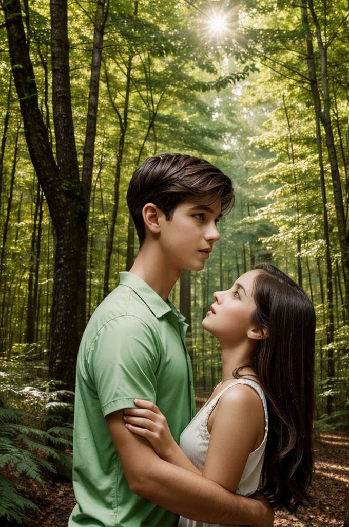 A forest with trees that are singing and a boy with brown hair, white skin and green eyes, and a girl with black hair