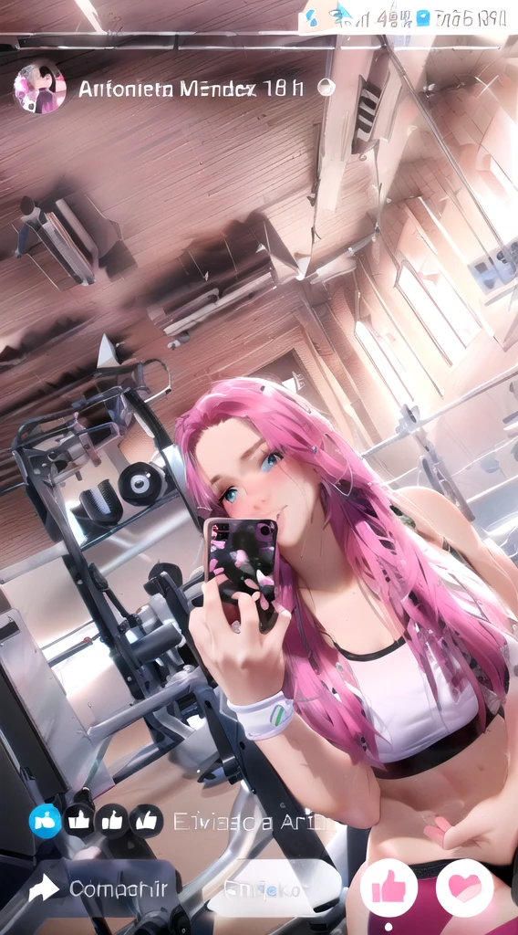 arafed woman taking a selfie in a gym room, in a gym, working out, fit pic, fit girl, 1 6 years old, 18 years old, with abs, 2 4 year old female model, anna nikonova aka newmilky, mirror selfie, 🤬 🤮 💕 🎀, low quality video, in the high school gym