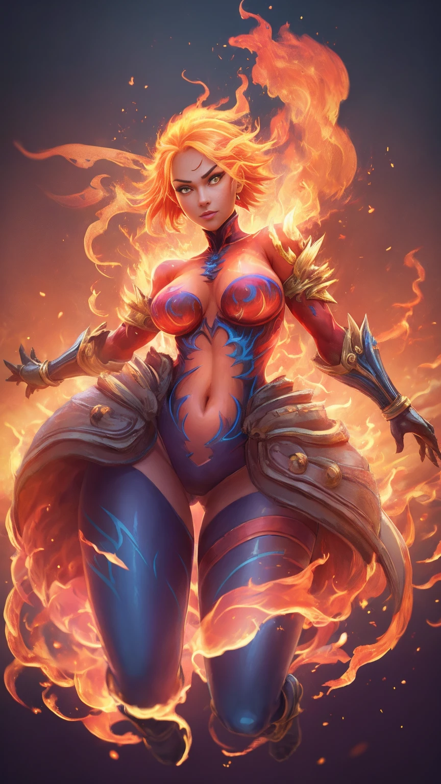Fantasyart、(top-quality、masterpiece:1.2)、ultra-detailliert、(photoRealstic:1.1)、(sharp focus)、(A female spirit of melted flame that burns bright red:1.5)、(full body Esbian:1.4)、Detailed Molten Fire Elemental, fire demon wings、(Red and Yellow Blue Flame:1.5)、Being in a fantasy world。Fractal art of flame、kindly smile、beautiful face、A detailed face、perfectly proportions、big breasts、busty, curvy hips、navel、buttock、Crotch gap、thighs thighs thighs thighs、(Dynamic Poses:1.5)、Steampunk style、Detail Master 2、steampunc、Movie girl、Girl melts、