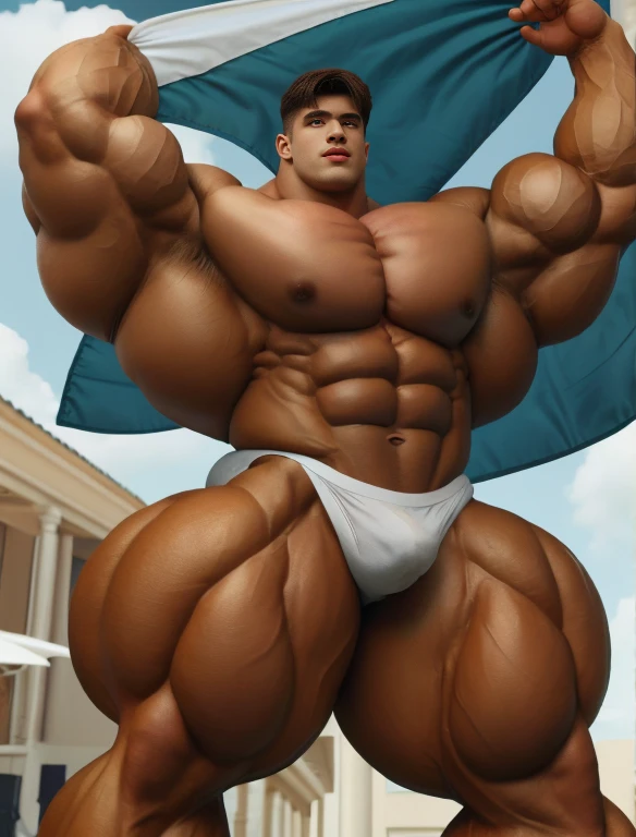 1men, giant, bodybuilder pose, illuminating light, strong body, bulk, large size, armpit, hold flag, at the green yard, nude, white triangular underwear, prominent bulge, big, brutalmass, giant, muscular body, bulk, buff, massive body, large meaty body size