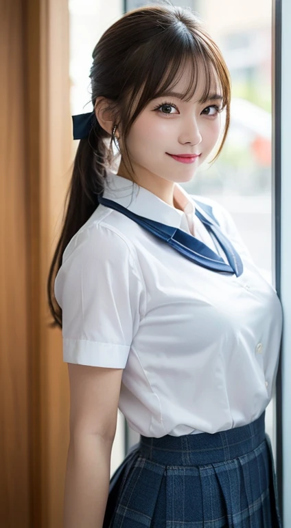 masutepiece, Best Quality, Illustration, Ultra-detailed, finely detail, hight resolution, 8K Wallpaper, Perfect dynamic composition, Beautiful detailed eyes, (japanese school uniform),Ponytail Hair,Small breasts, natural color lip, Bold sexy poses,Smile, full body shot、20 years girl、Cute、Sexy shot looking at camera