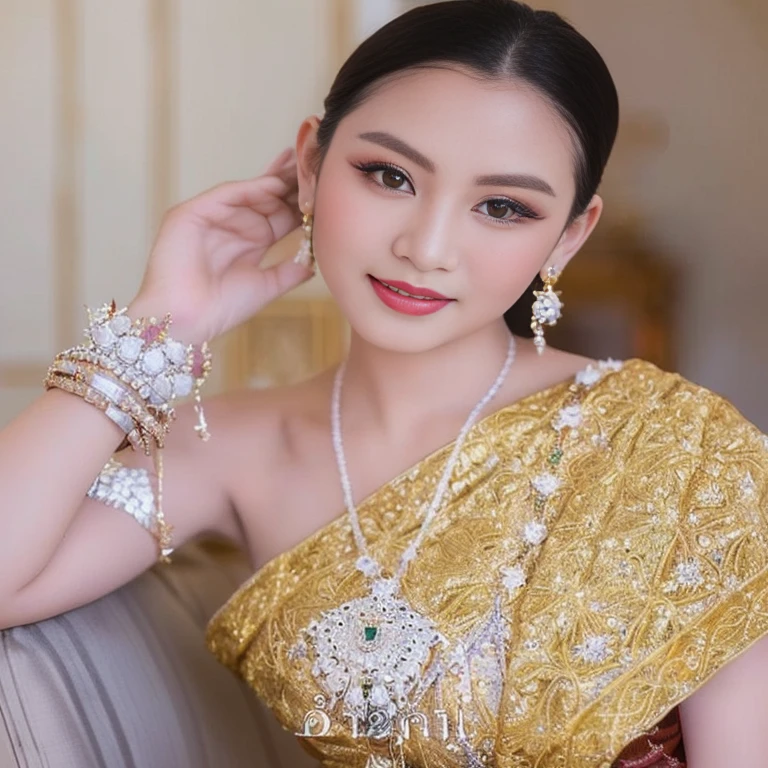 Close-up of woman wearing gold dress and jewelry, traditional beauty, traditional makeup, Sukhothai dress, Southeast Asia that has existed for a long time, Niwan Chandra, traditional, Wear luxurious jewelry., According to Thawan Duchanee's style, wearing traditional garb, Wear elegant clothes, Dressed in intricate green and gold., Wear gold jewelry, traditional art