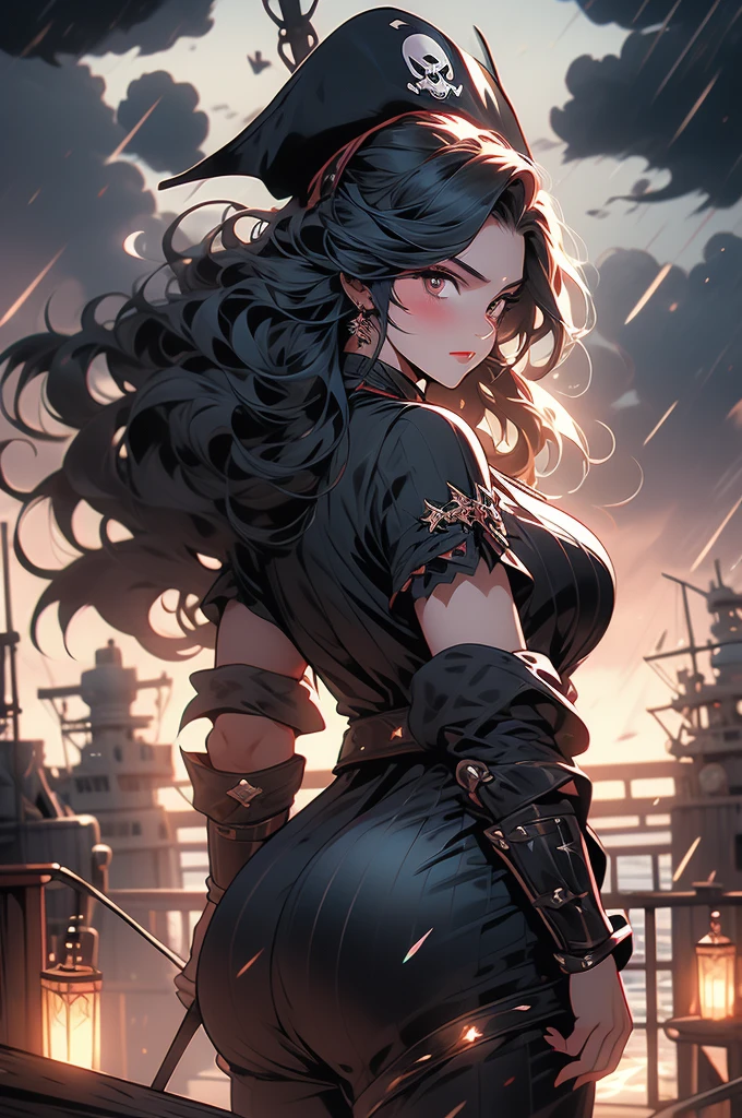 pirate girl, back hair, glowing eyes, storm, dark clouds, voluptuous, plump, ship deck