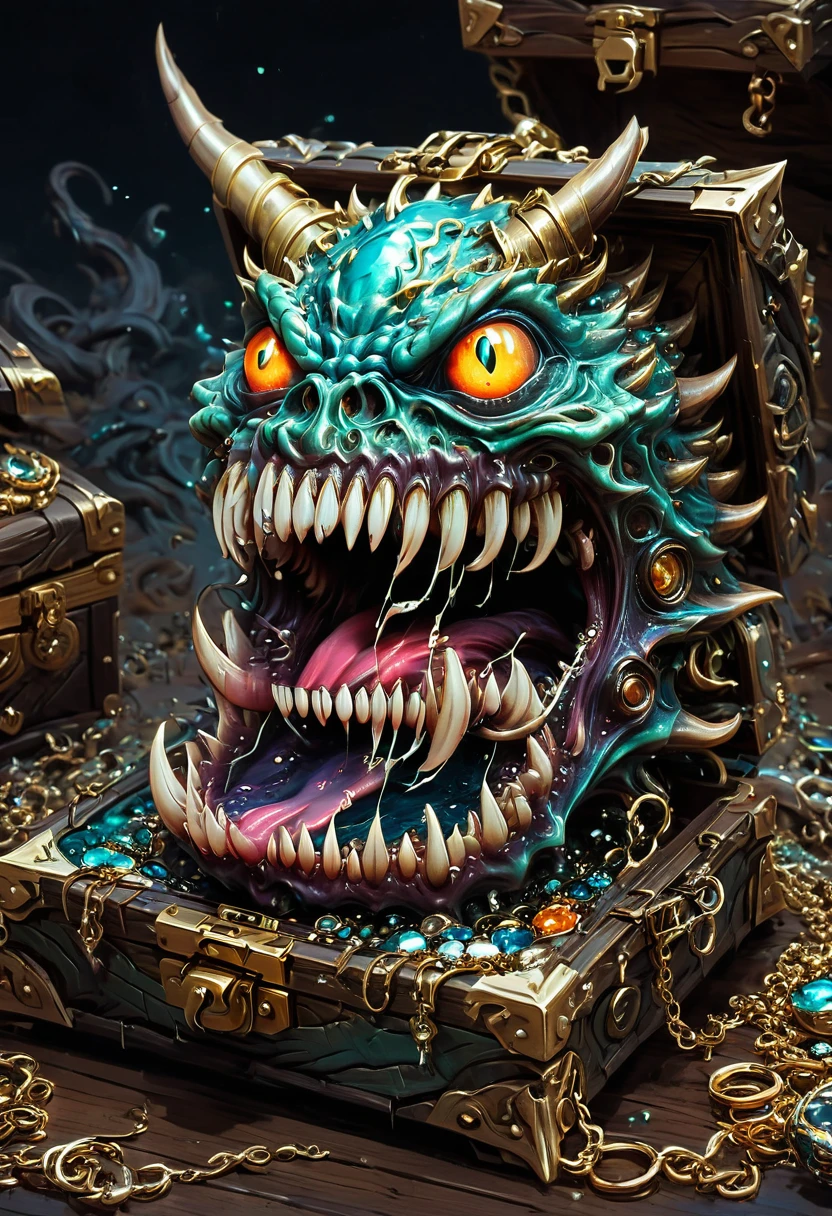 Mimic,Treasure Box Monster,Weird tongue and nasty teeth. Scattered jewelry, by Alena Aenami, best quality, masterpiece, very aesthetic, perfect composition, intricate details, ultra-detailed