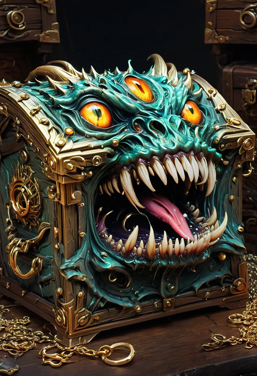 Mimic,Treasure Box Monster,Weird tongue and nasty teeth. Scattered jewelry, by Alena Aenami, best quality, masterpiece, very aesthetic, perfect composition, intricate details, ultra-detailed