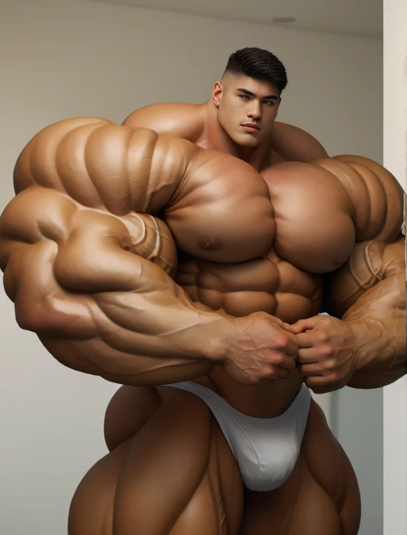 1 men, giant, bodybuilder pose, illuminating light, strong body, bulk, large size, staring, stand on the wall, nude, white triangular underwear, prominent bulge, big, brutalmass, giant, muscular body, bulk, buff, massive body, large meaty body size, black undercut hair