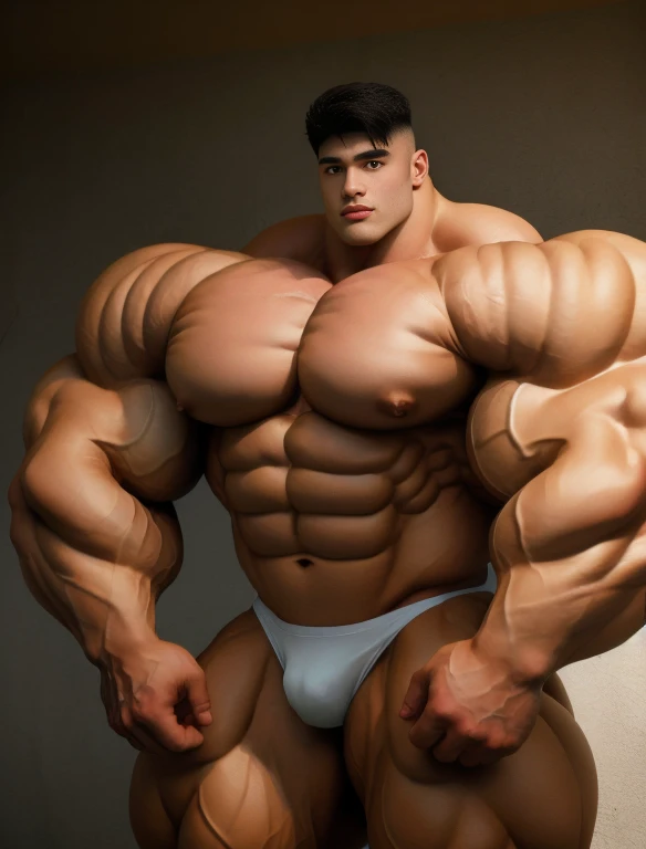 1 men, giant, bodybuilder pose, illuminating light, strong body, bulk, large size, staring, stand on the wall, nude, white triangular underwear, prominent bulge, big, brutalmass, giant, muscular body, bulk, buff, massive body, large meaty body size, black undercut hair