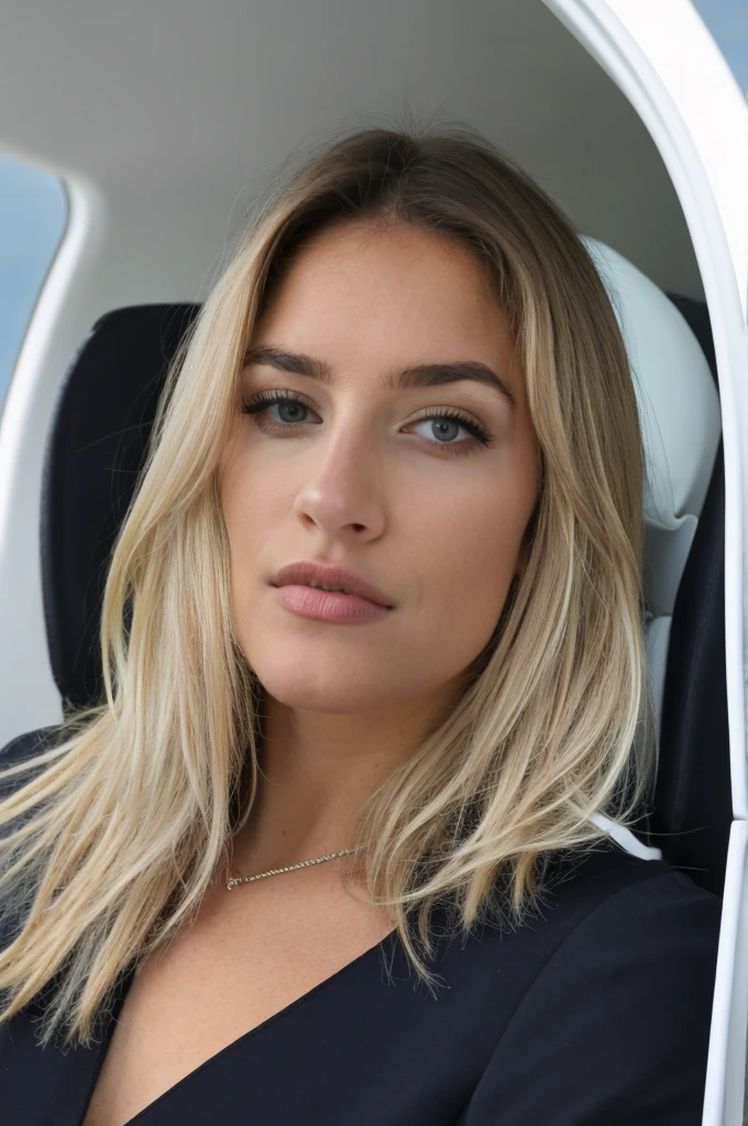 Femme avec de long cheveux blonde dans un hélicopter.
