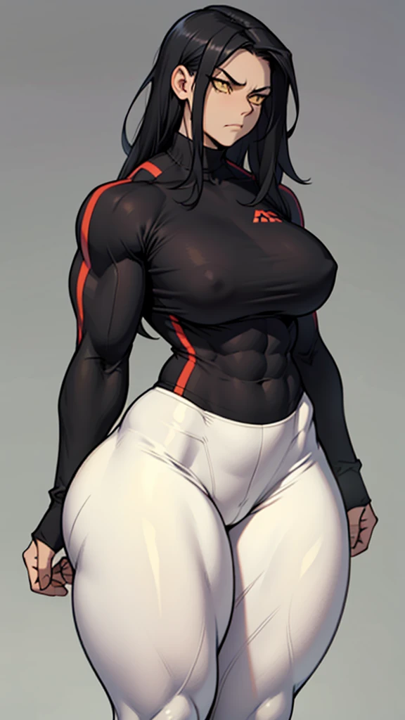 massive breasts huge muscles muscular girl toned body bodybuilder grey background leggings tight shirt black hair yellow eyes pale skin long hair wide hips curvy thick thighs thick thick thick thick tight sad frown expressionless