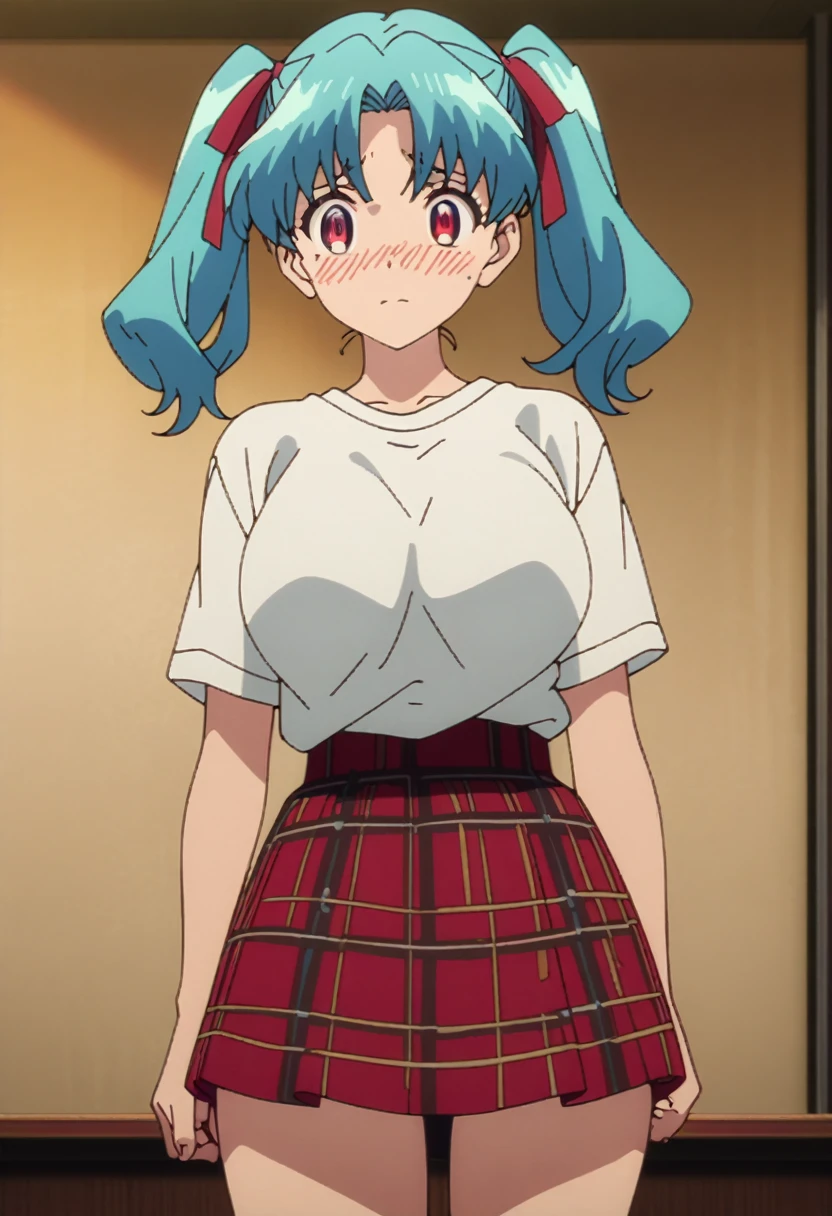 cel-shaded, 1990s anime, detailed, high quality, atmospheric, masterpiece, best quality, very aesthetic, absurdres, anime screencap, miku. 1girl, solo, red eyes, detailed eyes, blue hair, twintails, long twintails, hair ribbons, , miniskirt, plaid miniskirt, white shirt, indoors, curvy body, , blush, sad, cowboy shot, wariza, front view