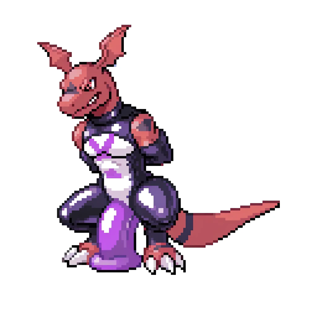 , anthro, guilmon, male, muscular anthro, muscular male, larg hips, tail, solo, blank background, closed mouth, grin, 2D, suggestive, anal penitration, large dildo, dildo in ass, purple dildo, ((dildo sitting)), crouching, latex, full body latex suit, gimp suit, bulge, null bulge, massive bulge, 16_bit, pixelated, 