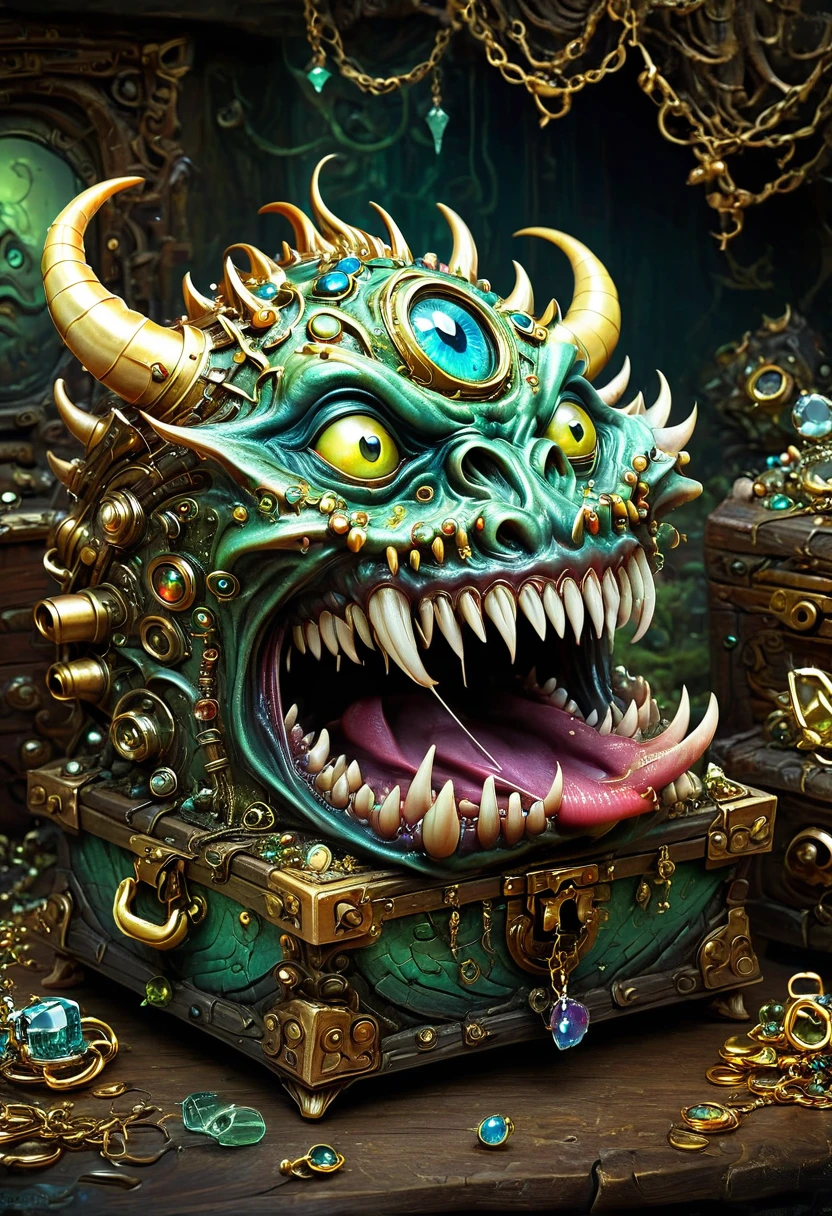 Mimic,Treasure Box Monster,Weird tongue and nasty teeth. Scattered jewelry, by Alexander Jansson, best quality, masterpiece, very aesthetic, perfect composition, intricate details, ultra-detailed