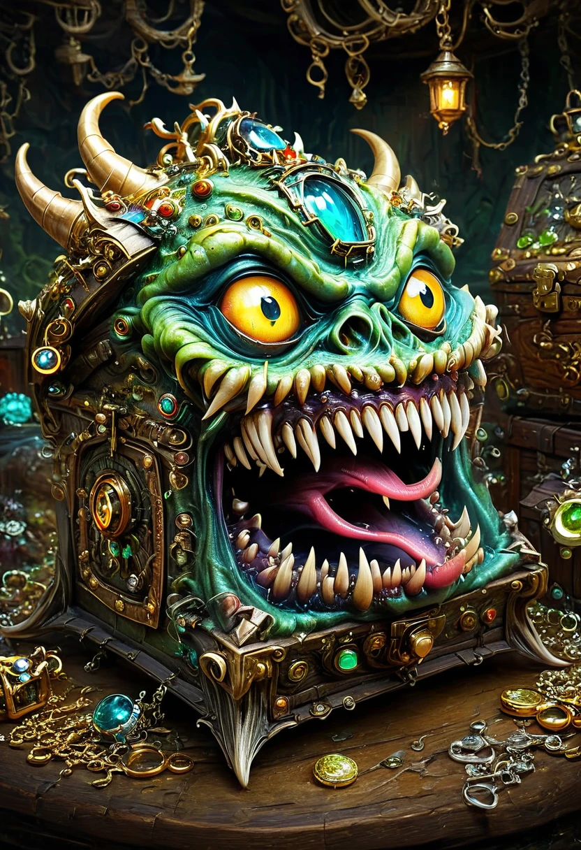 Mimic,Treasure Box Monster,Weird tongue and nasty teeth. Scattered jewelry, by Alexander Jansson, best quality, masterpiece, very aesthetic, perfect composition, intricate details, ultra-detailed