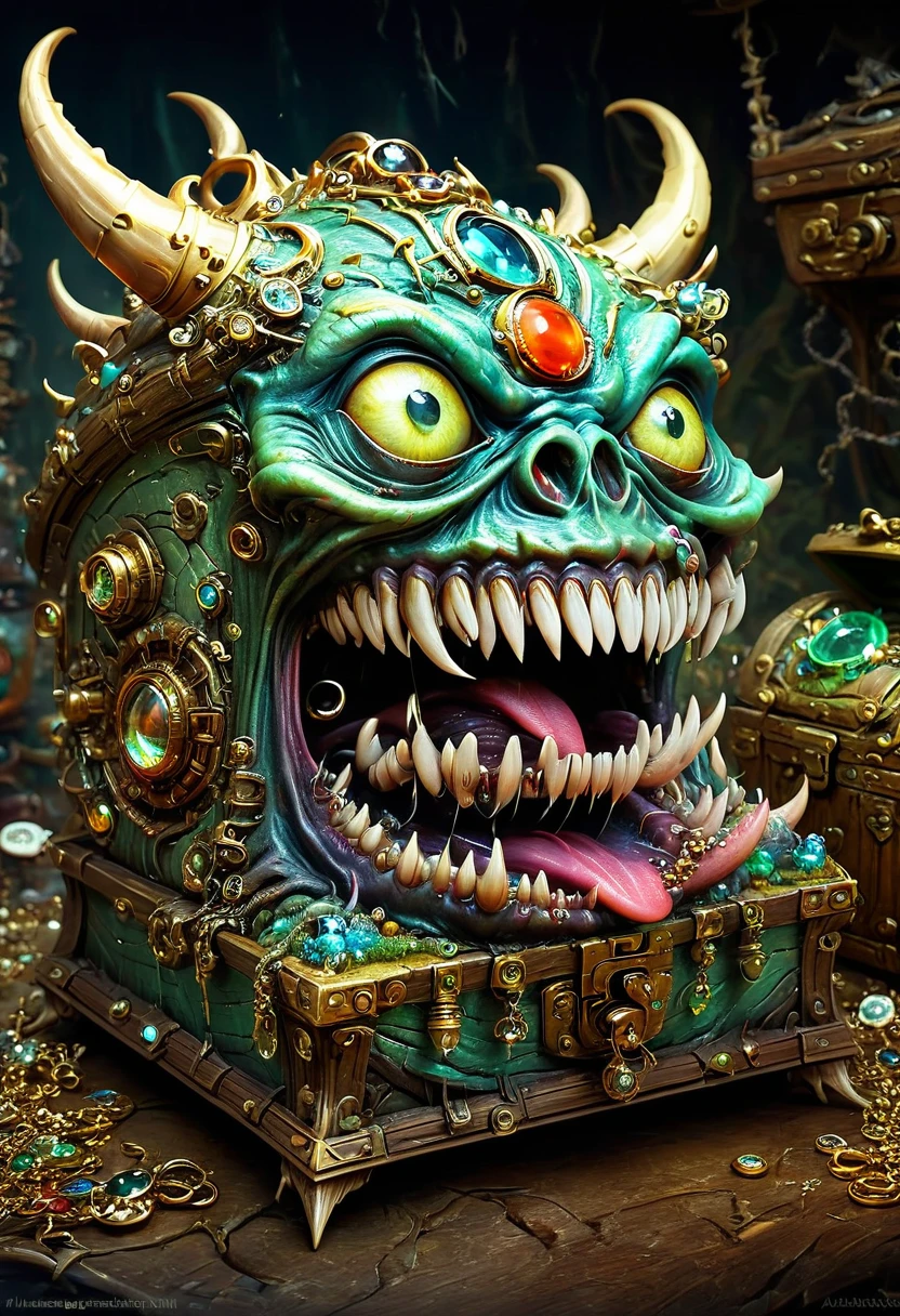 Mimic，Treasure Box Monster，Weird tongue and nasty teeth. Scattered jewelry, by Alexander Jansson, best quality, masterpiece, very aesthetic, perfect composition, intricate details, ultra-detailed