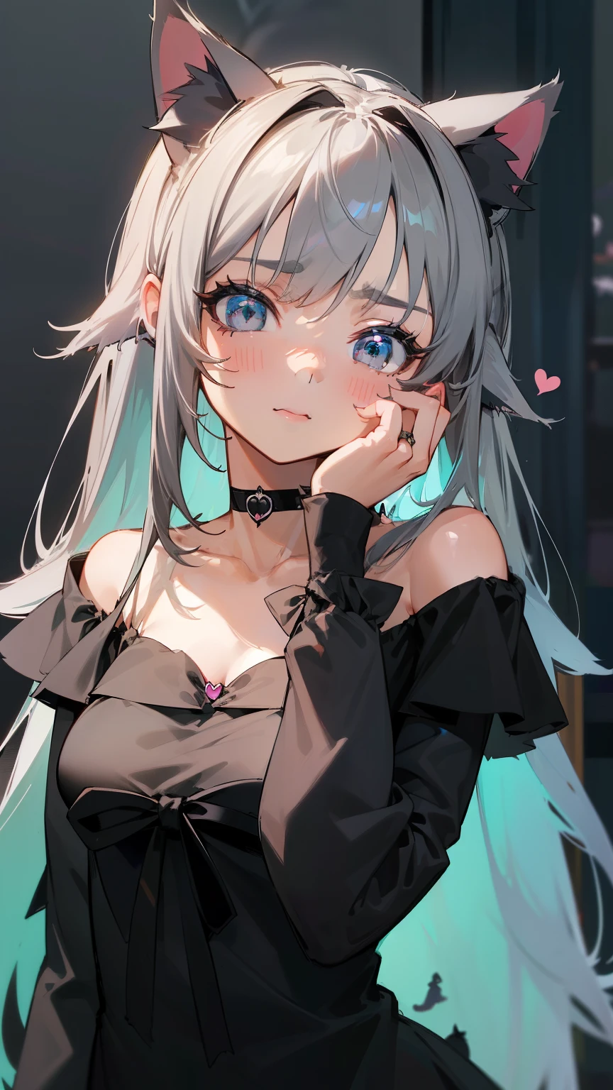 ((最high quality)), ((masterpiece)), (Very detailed:1.3)，1 girl,Age 25,超High resolution, retina, masterpiece, Accurate, Anatomically correct, Rough skin, Very detailed, Advanced Details, high quality, Awards, high quality, High resolution, High resolution, 4K,(アニメ,8K,masterpiece, high quality, high quality,beautiful:1.2,Professional Illustration:1.1,Very detailed:1.3,Perfect lighting),Cute pose，(Gray Eyes:1.5)，(Aqua hair)，(long hair:1.5)，Ears hide，(Black cat ears:2)，(gothic ta:1.5)，(Choker of Hearts:1.5)，layer clothes，(grey camisole:1.5)，(overly long sleeves:1.5)，(off shoulder:1.5)，Solid color background，(hands on own cheek:1.5),(black cloth:1.3),serious, silenceSuzuka,Beautiful lips
