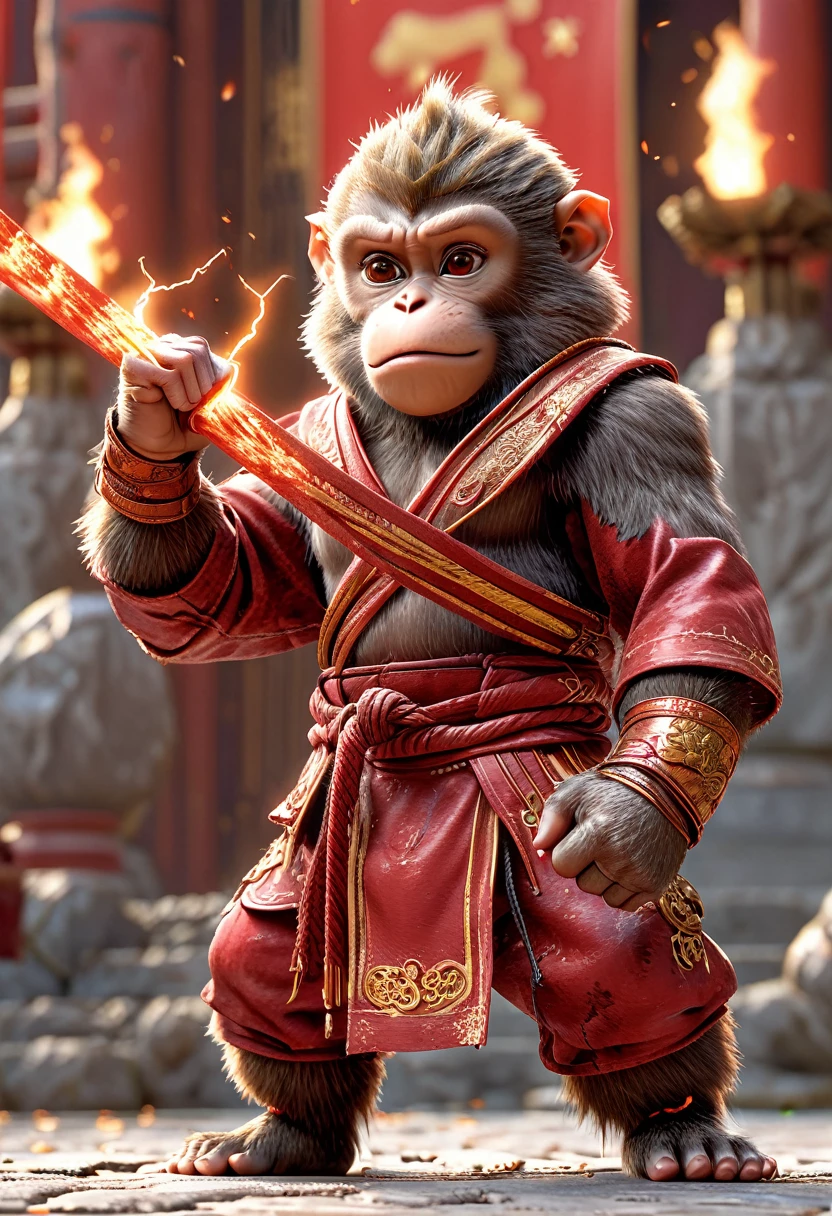 Close-up shot of a monkey, Monkey Martial Artist,whole body, Lightning-charged Fist, Wearing martial arts uniform, Chinese Shaolin Temple Background, High resolution, masterpiece, Highest quality, Super detailed, Super detailed, Ultra-realistic,
 Hong Kong Style, 3D Fluffy, Cute and adorable close-ups, Cute big round reflective eyes, Long fuzzy fur, Pixar Rendering, unreal engine Cinematic smooth, Exquisite detail, Cinematic