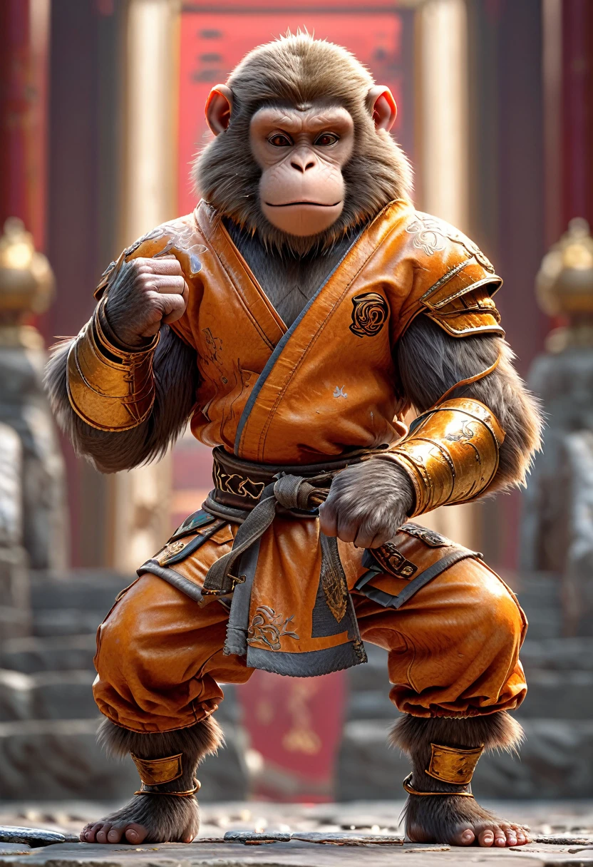 Close-up shot of a monkey, Monkey Martial Artist,whole body, Lightning-charged Fist, Wearing martial arts uniform, Chinese Shaolin Temple Background, High resolution, masterpiece, Highest quality, Super detailed, Super detailed, Ultra-realistic,
Hong Kong Style, 3D Fluffy, Cute and adorable close-ups, Cute big round reflective eyes, Long fuzzy fur, Pixar Rendering, unreal engine Cinematic smooth, Exquisite detail, Cinematic