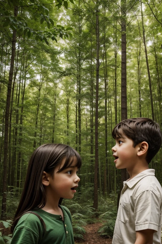 A forest with trees that are singing and a boy with brown hair, white skin and green eyes, and a girl with black hair. The children must be playing