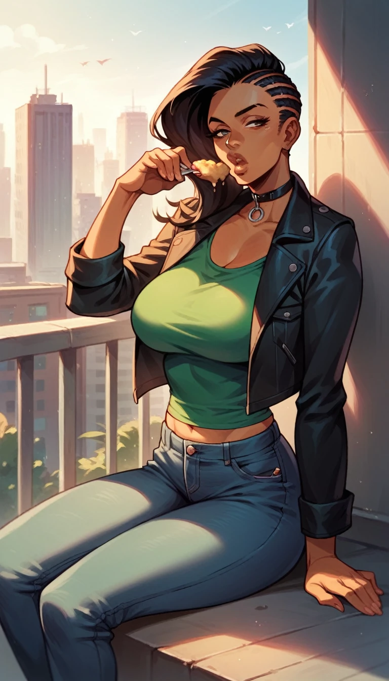 laura matsuda, mature, brown skin, white bra, brazil jacket, jeans, sit, crossed legs, smile, morning, city, strong

