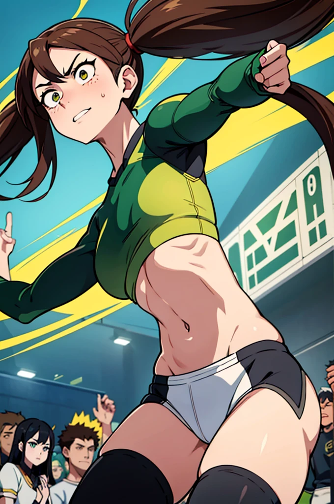 In the bustling arena of U.A. High School's sports festival, a girl with long pigtails of brown hair stood confidently, her green eyes glinting with determination. Her pale skin contrasted sharply with her vibrant gym uniform, making her presence all the more striking. Facing her was Bakugo, his intense glare met with her smirk, signaling her readiness for the upcoming battle. The crowd buzzed with anticipation as the two competitors squared off, each brimming with their unique quirks and skills. The art style captured the dynamic energy of the moment, emphasizing the fierce expressions and poised stances typical of My Hero Academia's creator, Kōhei Horikoshi.