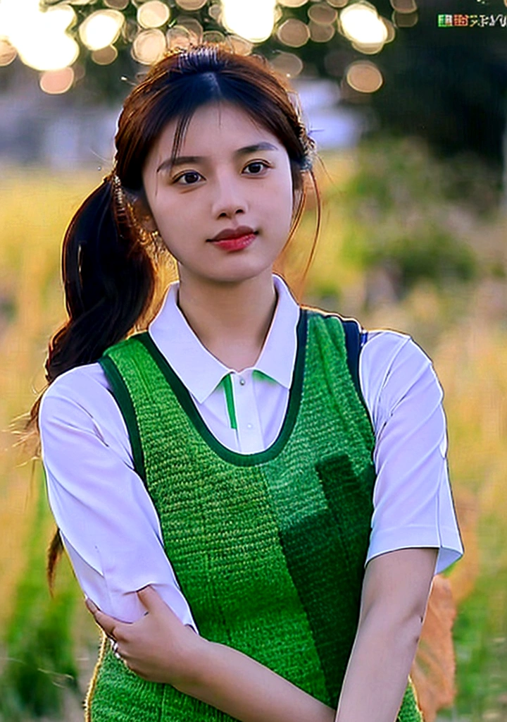 Asian woman with green tactical camouflage,light brown and pixelated lime green standing in a grass field in the evening light wearing a tactical vest with the letters "MARINA" with a badge of the Mexican flag on his left arm