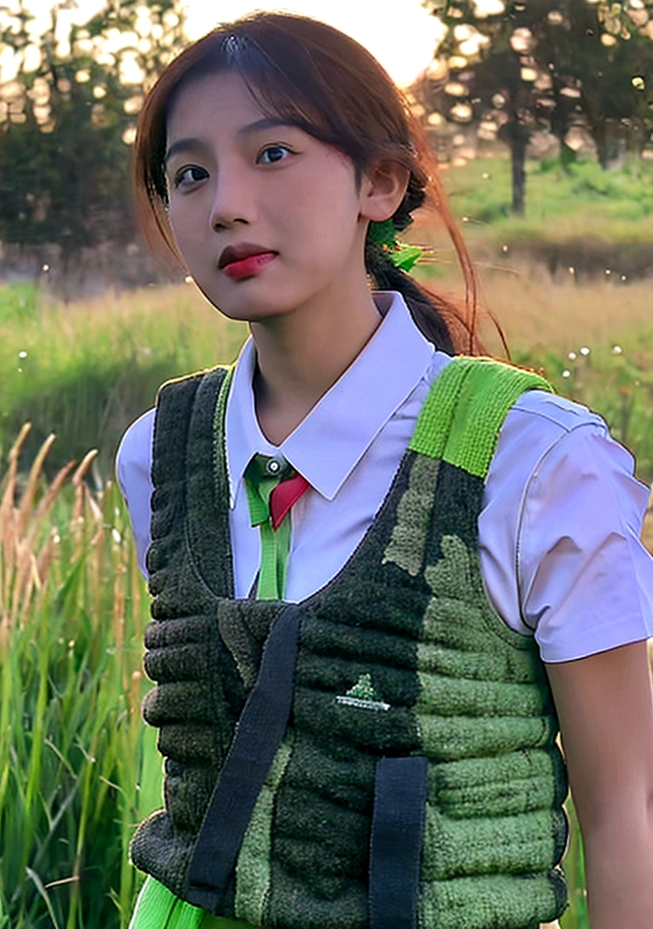 Asian woman with green tactical camouflage,light brown and pixelated lime green standing in a grass field in the evening light wearing a tactical vest with the letters "MARINA" with a badge of the Mexican flag on his left arm