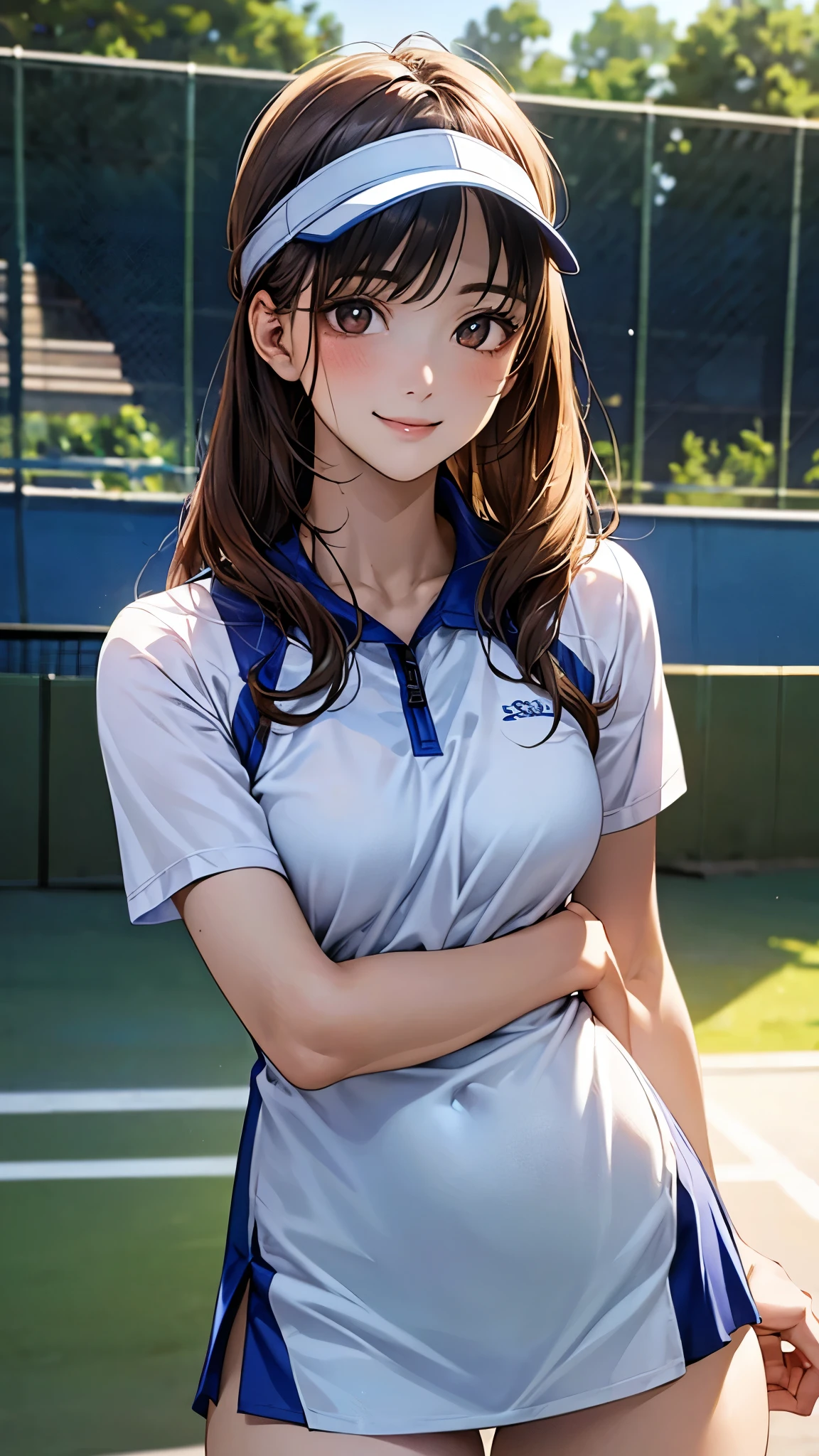 (masterpiece:1.2, top-quality), (realistic, photorealistic:1.3), beautiful illustration, (natural side lighting, movie lighting), surrealism,
looking at viewer, 1 girl, japanese, , , perfect face, cute and symmetrical face, babyface, shskin,
(long hair, curvy hair, brown hair), bangs, brown eyes, big eyes, long eye lasher, (medium breasts, thick thighs),
beautiful hair, beautiful face, beautiful detailed eyes, beautiful clavicle, beautiful body, beautiful chest, beautiful thigh, beautiful legs, beautiful fingers,
sexy shiny light blue tennis uniform, sun visor, bare arms, breasts looking, (no-bra),
(beautiful scenery), during daytime, (tennis court), (stick out buttocks, sexy pose), (very embarrassing panic smile),