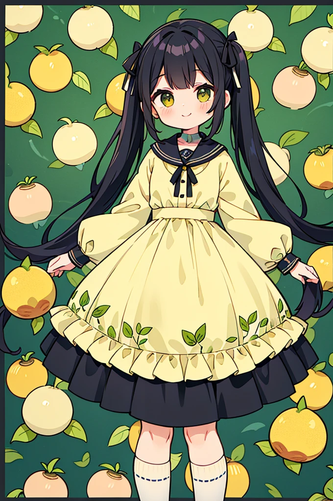 Black Hair、cute girl with twin tails、smile、The dress she is wearing has a vintage design and long sleeves.、High neck、A ribbon is tied on the collar。The fabric is based on white.、All-over pattern of green leaves and yellow lemons。The waist is cinched、The fluffy skirt reaches down to mid-calf length.