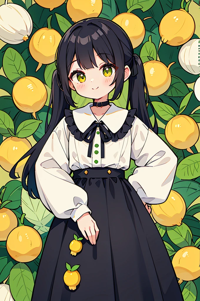 Black Hair、cute girl with twin tails、smile、The dress she is wearing has a vintage design and long sleeves.、High neck、A ribbon is tied on the collar。The fabric is based on white.、All-over pattern of green leaves and yellow lemons。The waist is cinched、The fluffy skirt reaches down to mid-calf length.