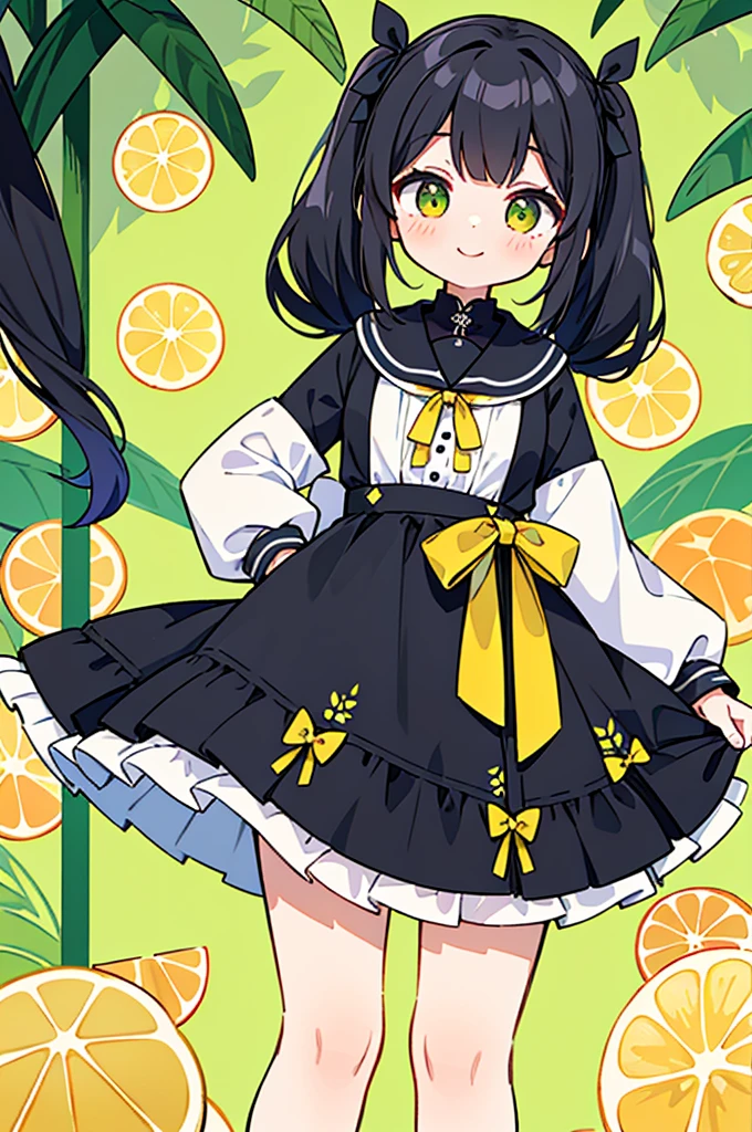 Black Hair、cute girl with twin tails、smile、The dress she is wearing has a vintage design and long sleeves.、High neck、A ribbon is tied on the collar。The fabric is based on white.、All-over pattern of green leaves and yellow lemons。The waist is cinched、The fluffy skirt reaches down to mid-calf length.