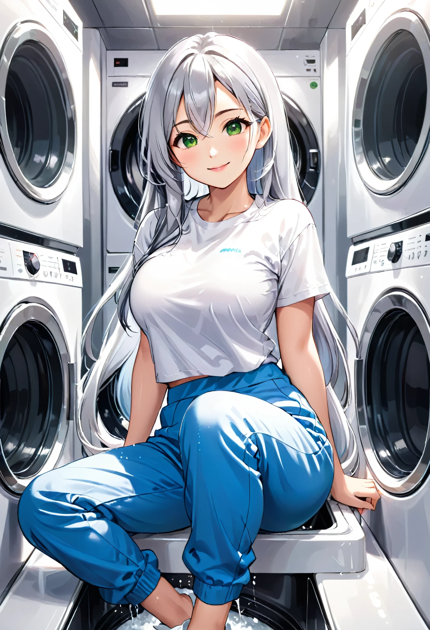 Pretty asian woman, bright silver hair, long hair, green eyes, busty, sweat pants and a white t shirt, cute, anime style, sitting on a washing machine, smiling