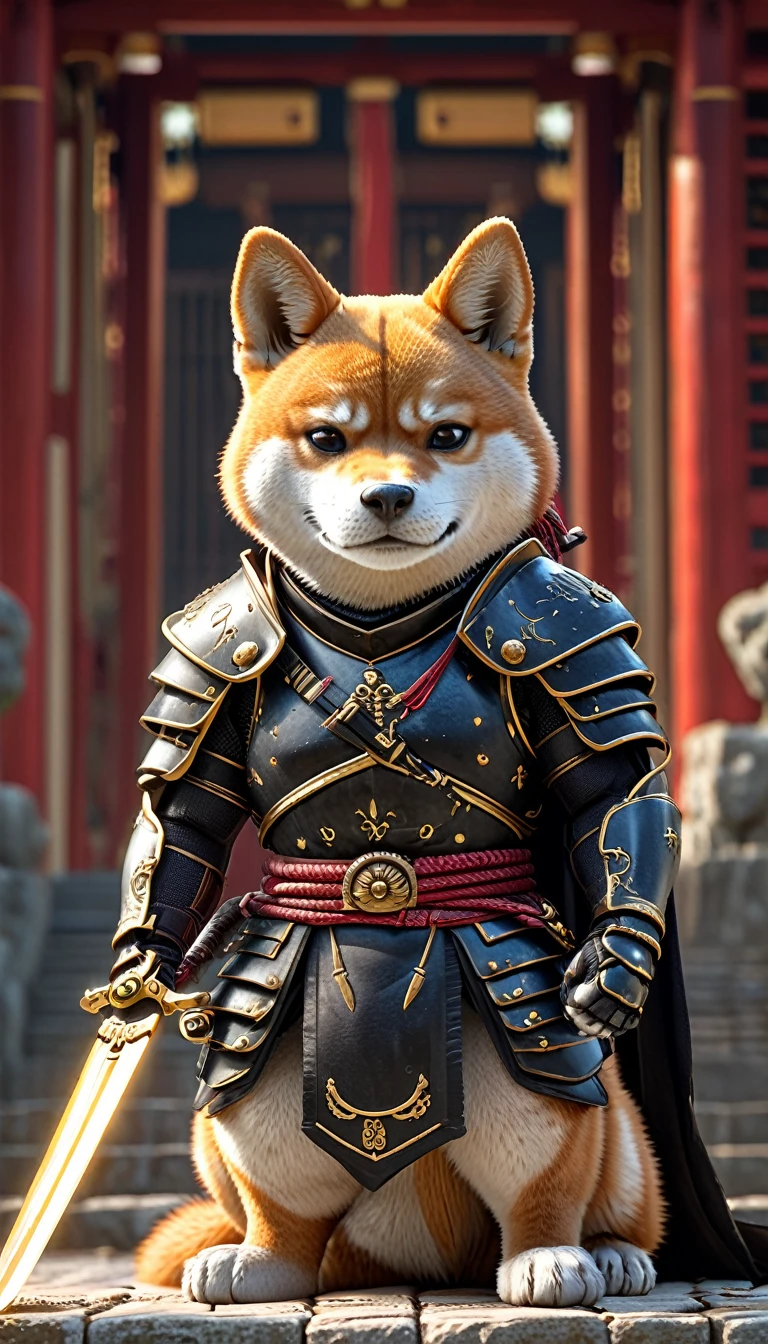 Close-up shot of a Shiba Inu, Shiba Inu Samurai,whole body, Equipped with a Japanese sword wrapped in black lightning, Wearing samurai armor, Background of the Japan Temple, High resolution, masterpiece, Highest quality, Super detailed, Super detailed, Ultra-realistic,
 Japan style, 3D Fluffy, Cute and adorable close-ups, Cute big round reflective eyes, Long fuzzy fur, Pixar Rendering, unreal engine Cinematic smooth, Exquisite detail, Cinematic