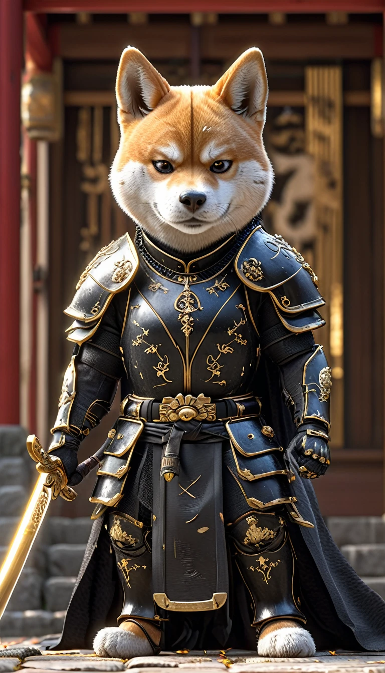 Close-up shot of a Shiba Inu, Shiba Inu Samurai,whole body, Equipped with a Japanese sword wrapped in black lightning, Wearing samurai armor, Background of the Japan Temple, High resolution, masterpiece, Highest quality, Super detailed, Super detailed, Ultra-realistic,
Japan style, 3D Fluffy, Cute and adorable close-ups, Cute big round reflective eyes, Long fuzzy fur, Pixar Rendering, unreal engine Cinematic smooth, Exquisite detail, Cinematic