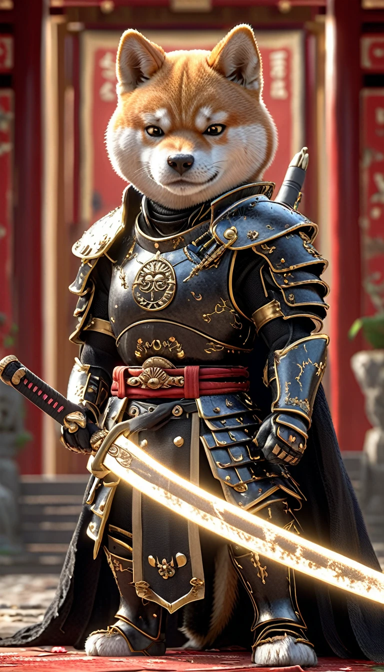 Close-up shot of a Shiba Inu, Shiba Inu Samurai,whole body, Equipped with a Japanese sword wrapped in black lightning, Wearing samurai armor, Background of the Japan Temple, High resolution, masterpiece, Highest quality, Super detailed, Super detailed, Ultra-realistic,
Japan style, 3D Fluffy, Cute and adorable close-ups, Cute big round reflective eyes, Long fuzzy fur, Pixar Rendering, unreal engine Cinematic smooth, Exquisite detail, Cinematic