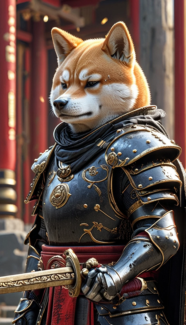 Close-up shot of a Shiba Inu, Shiba Inu Samurai,whole body, Equipped with a Japanese sword wrapped in black lightning, Wearing samurai armor, Background of the Japan Temple, High resolution, masterpiece, Highest quality, Super detailed, Super detailed, Ultra-realistic,
Japan style, 3D Fluffy, Cute and adorable close-ups, Cute big round reflective eyes, Long fuzzy fur, Pixar Rendering, unreal engine Cinematic smooth, Exquisite detail, Cinematic