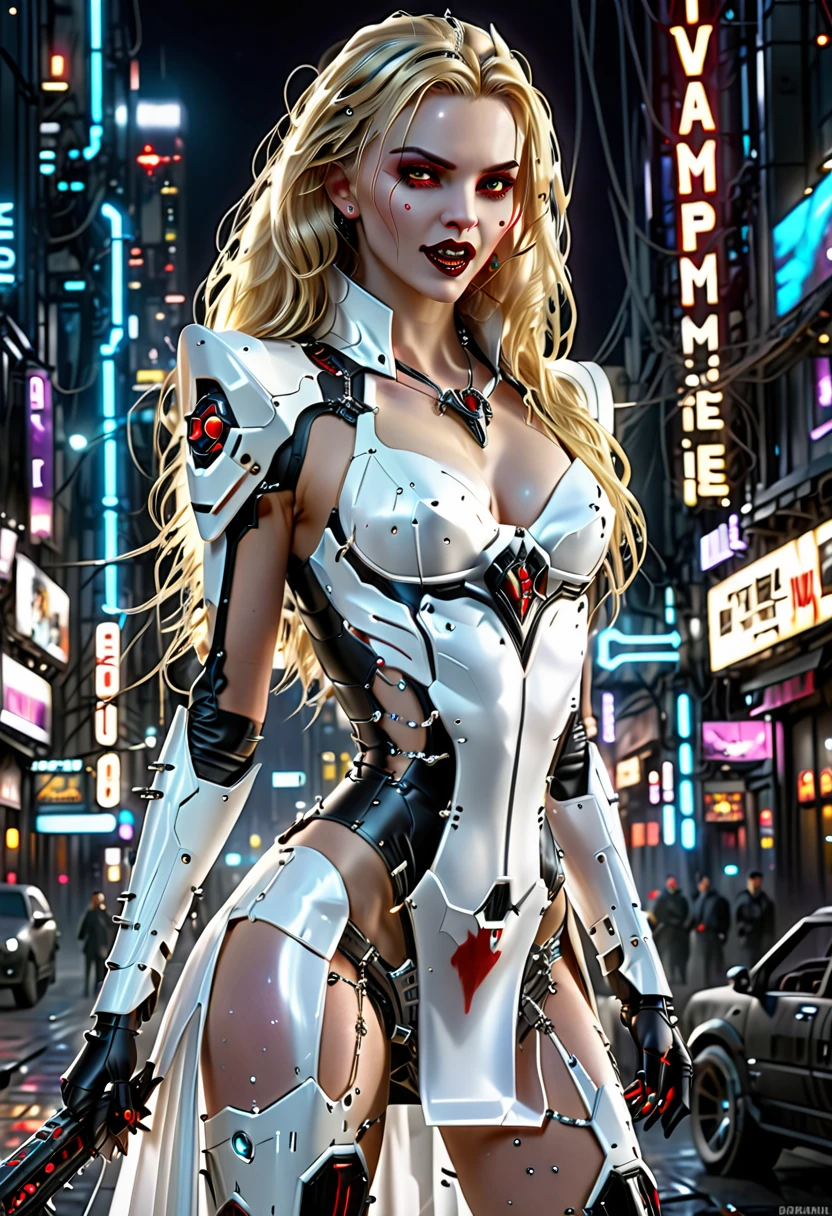 ((a photorealistic glamour shot of an exquisite, glamour mecha female vampire: 1.5)), ((full body: 1.3)), ultra feminine, pale face, golden hair, long vibrant shiny hair, glamorous hair,  red eyes, miniatures mechanical , deep penetrating eyes, red lips, lustful lips, ((two visible vampiric fangs: 1.5), drops of blood dripping from the mouth, ((cyberpunk style: 1.5)), she wears (white elegant glamour dress, with small delicate mechanical parts: 1.4), digital parts,  intricate details, the dress is studded with diamonds, tight suit, dynamic color, high heels, cyberpunk street at night background, (highest quality:1.2, Very detailed, up to date, Vibrant, Ultra-high resolution, High Contrast, masterpiece:1.2, highest quality, Best aesthetics), best details, best quality, highres, ultra wide angle, 16k, [ultra detailed], masterpiece, best quality, (extremely detailed), Genetically modified..., Cinematic Hollywood Film, nijimecha, aetherpunkai