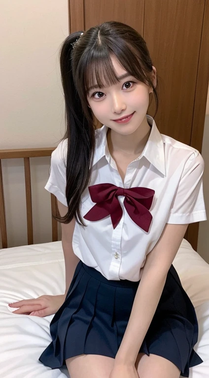 masutepiece, Best Quality, Illustration, Ultra-detailed, finely detail, hight resolution, 8K Wallpaper, Perfect dynamic composition, Beautiful detailed eyes, (japanese school uniform),Ponytail Hair,Small breasts, natural color lip, Bold sexy poses,Smile, full body shot、20 years girl、Cute、Sexy shot looking at camera, sitting on bed, topless