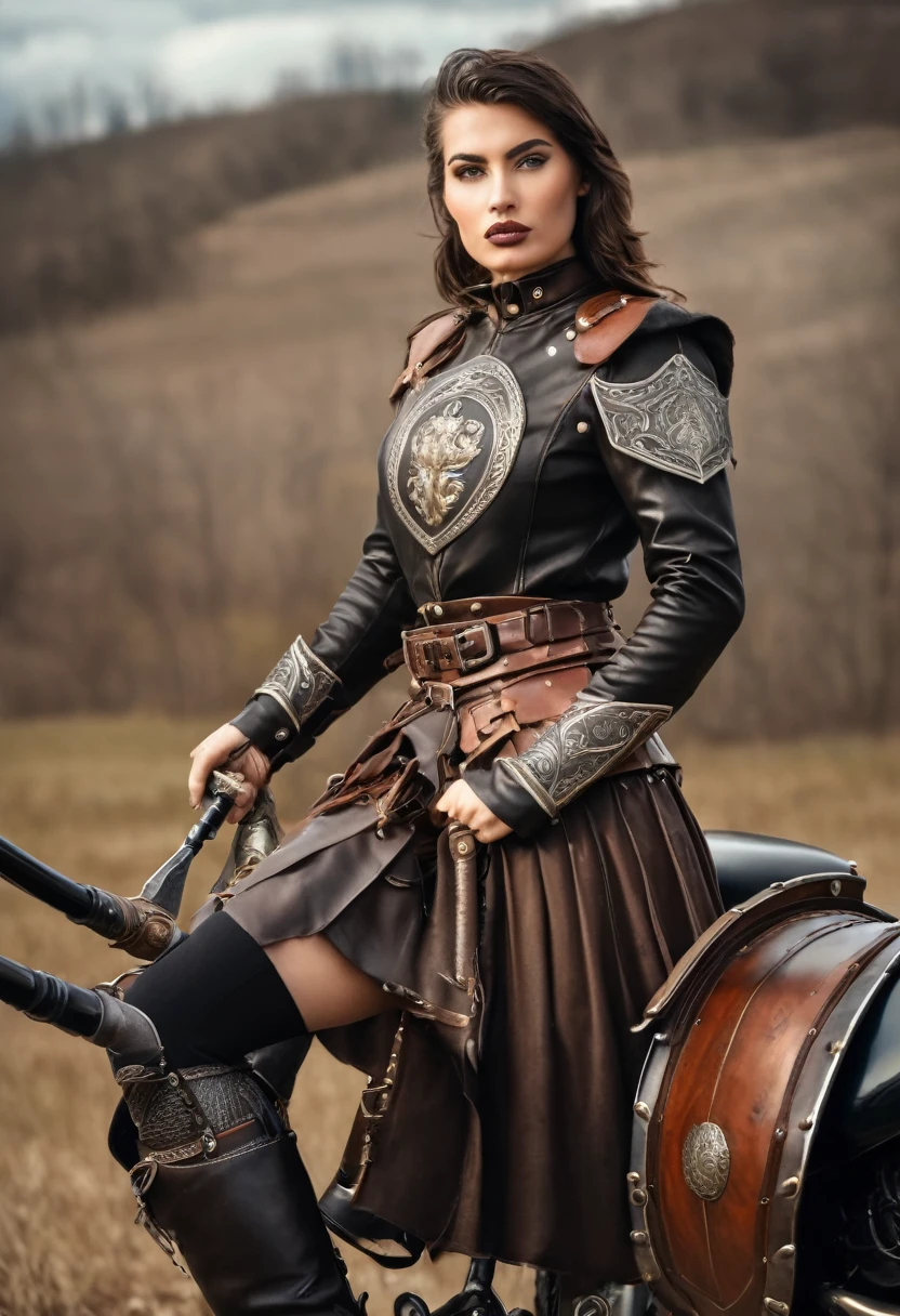 beautiful strong European handlebar with crooped made of leather with skirt with iron details and war boots, with one hand holding a sword and in the other a shield 