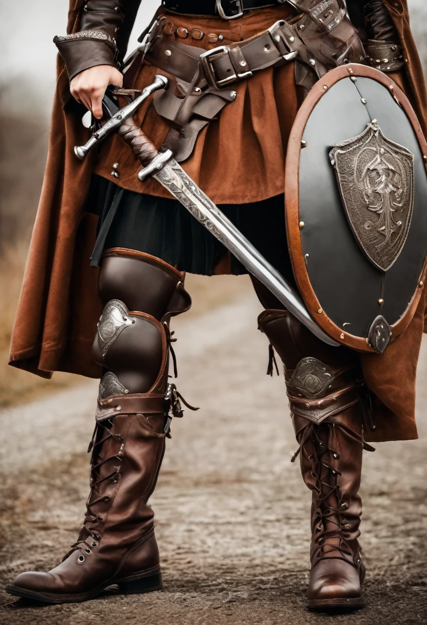 beautiful strong European handlebar with crooped made of leather with skirt with iron details and war boots, with one hand holding a sword and in the other a shield 