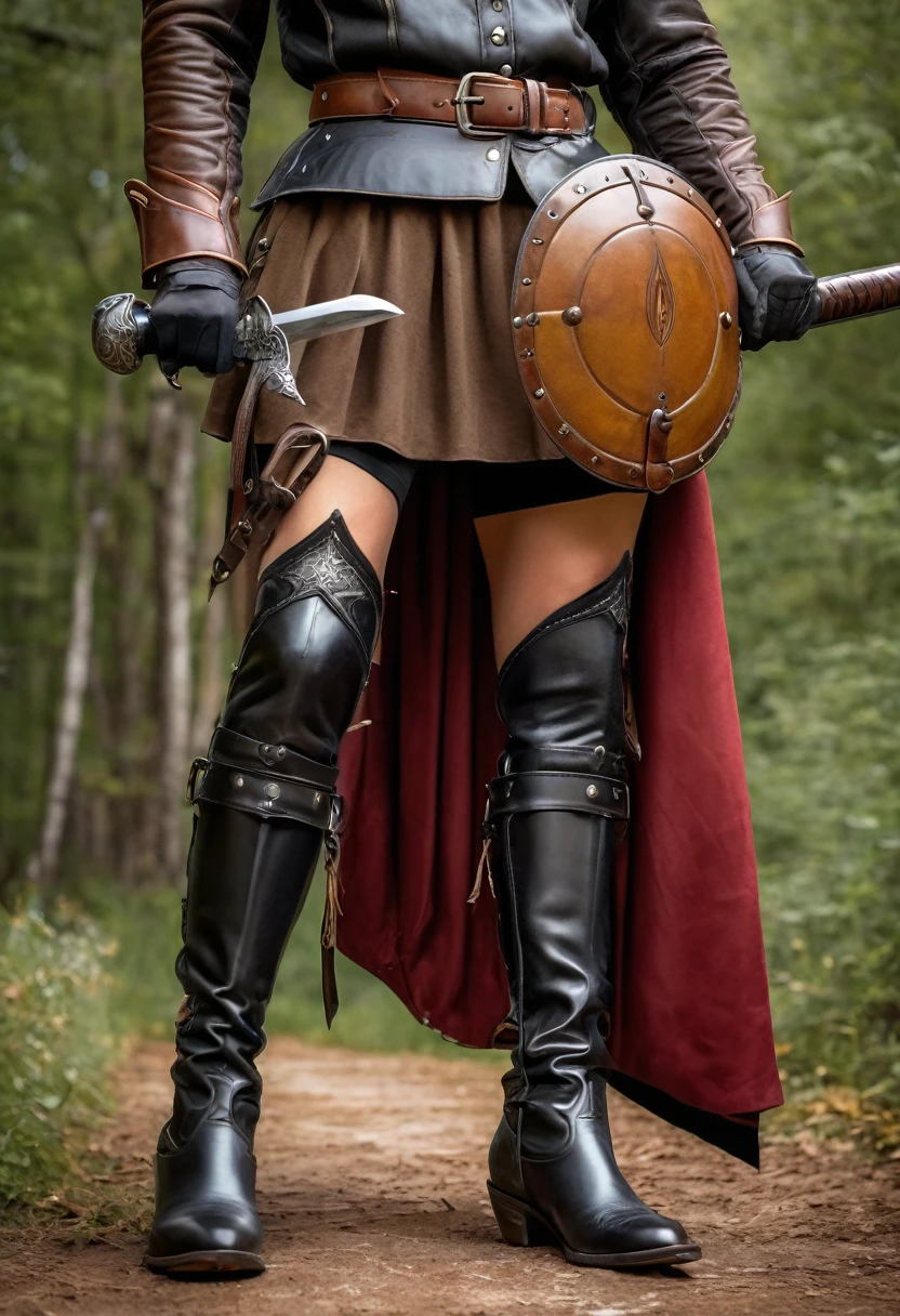 beautiful strong European handlebar with crooped made of leather with skirt with iron details and war boots, with one hand holding a sword and in the other a shield 