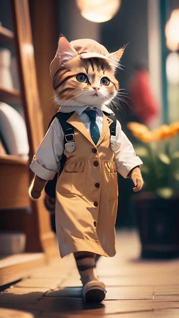 Brown Cat, masterpiece, high quality, Wear stylish work clothes, Kodak 400, Film Grain,Highly detailed Brown Cat, high quality cat fur and features, 