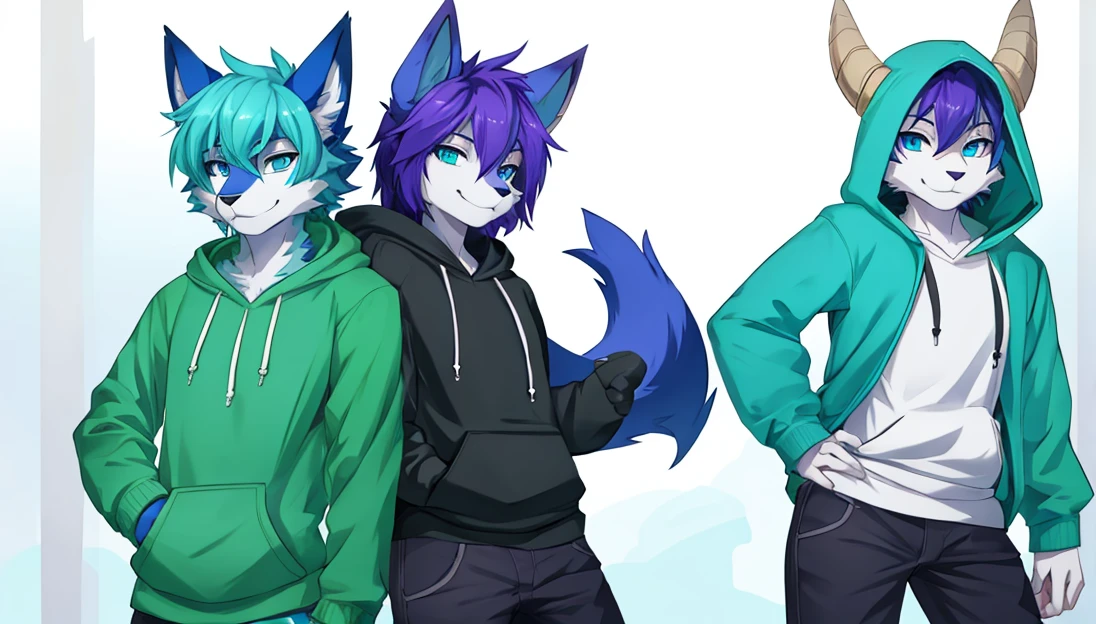 Furry blue fox with green,purple hair and blue eyes in a green hoodie.furry Furred dragon hybrid with goat wearing black shirt, Both with their hands on their waists, posing