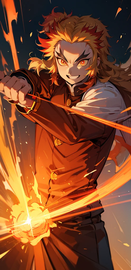 Rengoku Kyoujurou, 1 men, leaning towards viewer, front viewer, battle stance, flames, Tuuli, shine light, beautiful lighting, smiling, determinate expression , holding a fire sword, tattoo illustration