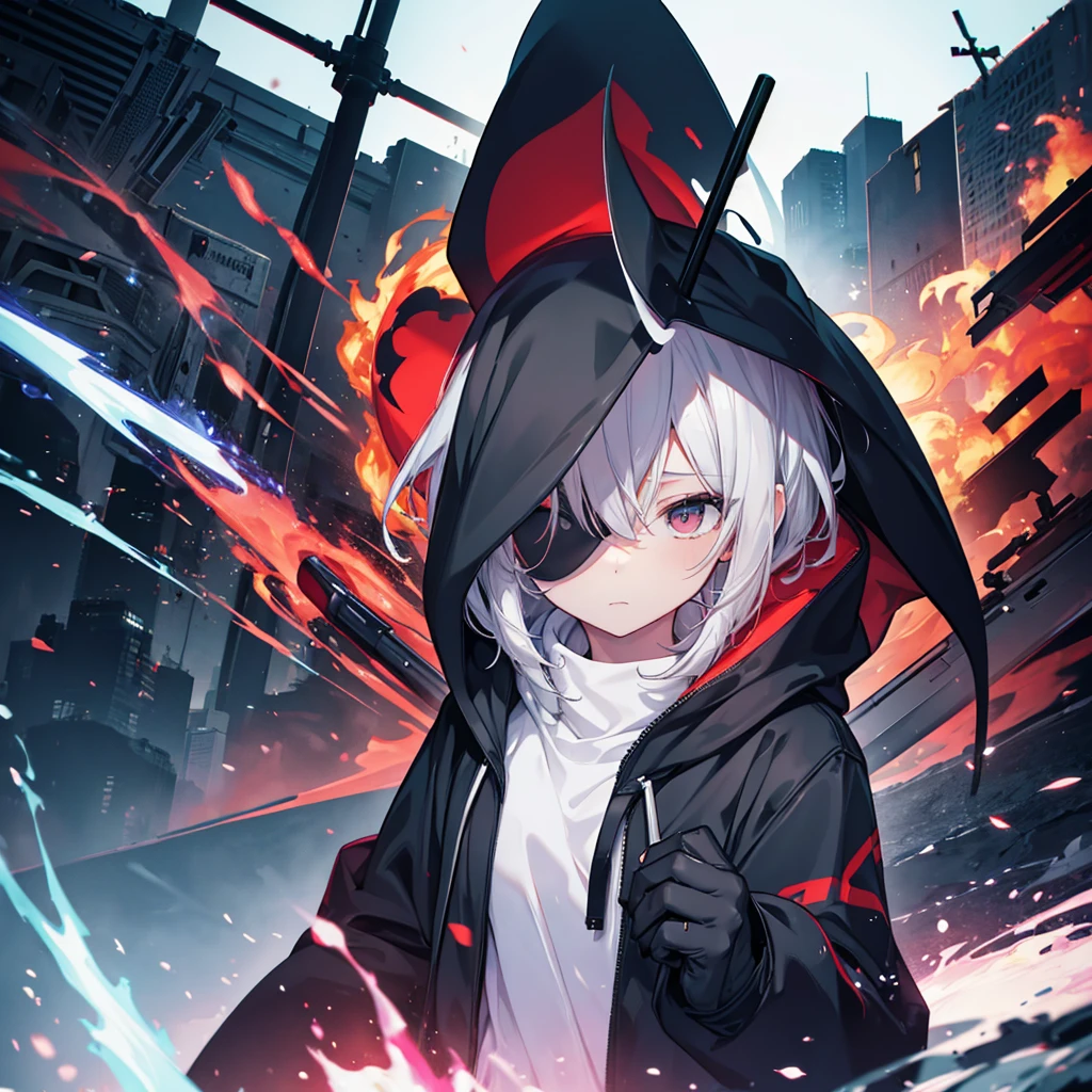 (((Grim Reaper's Scythe))) (((Gray Hair Short Hair blue eyes girl))),((night full moon My own big wings)),(Wearing a hood Black camisole Purple light), A tense look Shining Background Shining Edge