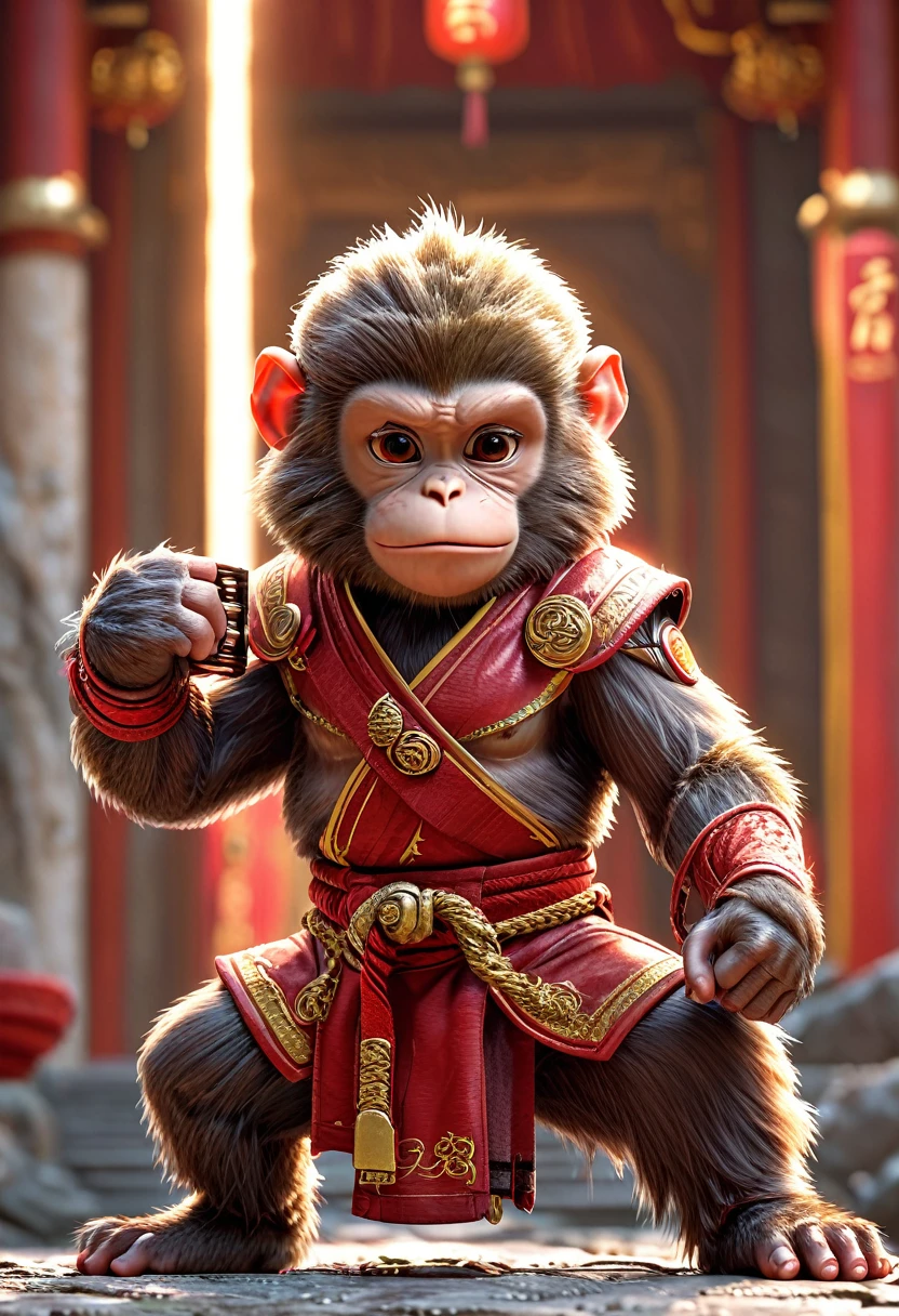 Close-up shot of a monkey, Monkey Martial Artist,whole body, Lightning-charged Fist, Wearing martial arts uniform, Chinese Shaolin Temple Background, High resolution, masterpiece, Highest quality, Super detailed, Super detailed, Ultra-realistic,
Hong Kong Style, 3D Fluffy, Cute and adorable close-ups, Cute big round reflective eyes, Long fuzzy fur, Pixar Rendering, unreal engine Cinematic smooth, Exquisite detail, Cinematic