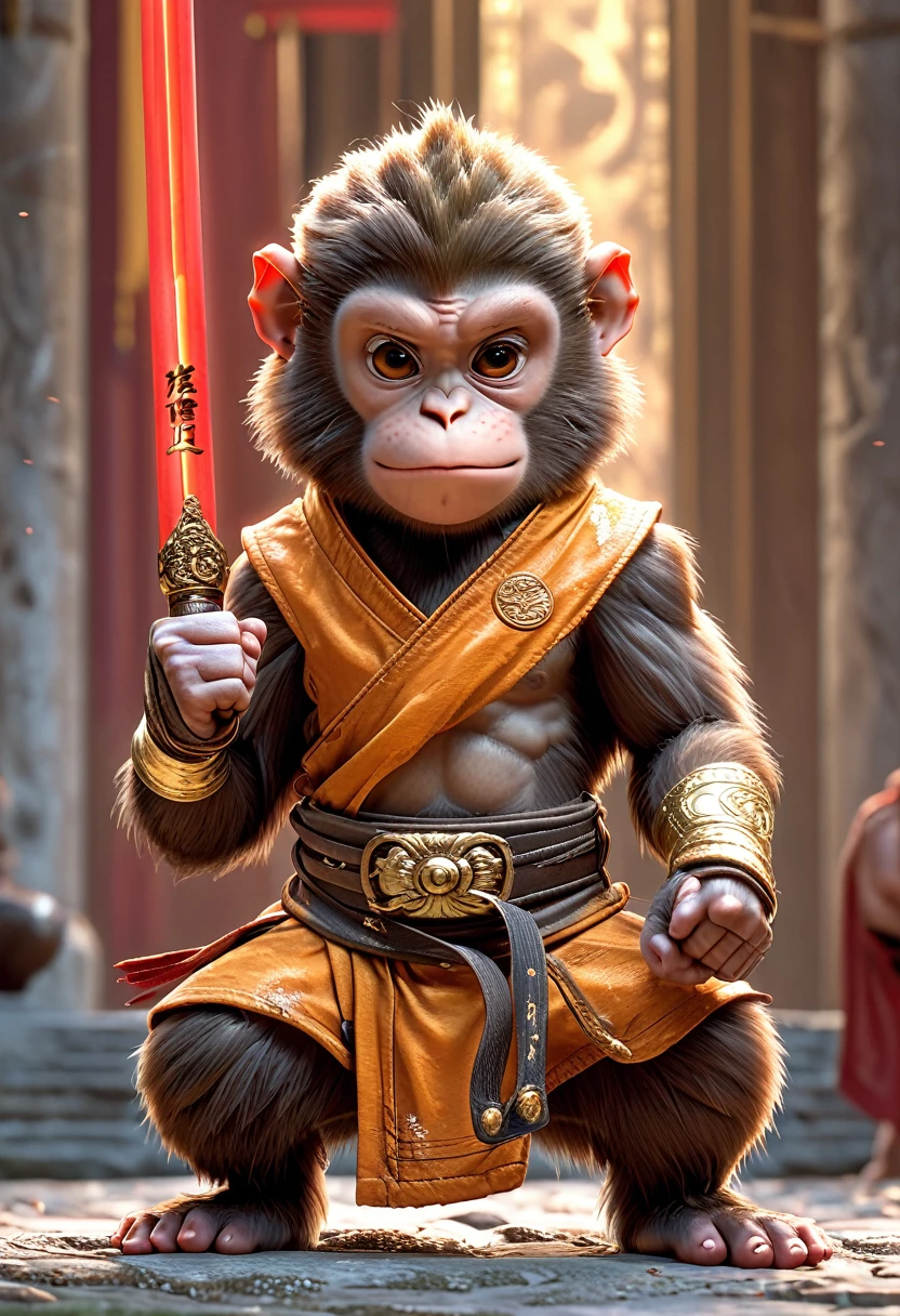 Close-up shot of a monkey, Monkey Martial Artist,whole body, Lightning-charged Fist, Wearing martial arts uniform, Chinese Shaolin Temple Background, High resolution, masterpiece, Highest quality, Super detailed, Super detailed, Ultra-realistic,
Hong Kong Style, 3D Fluffy, Cute and adorable close-ups, Cute big round reflective eyes, Long fuzzy fur, Pixar Rendering, unreal engine Cinematic smooth, Exquisite detail, Cinematic