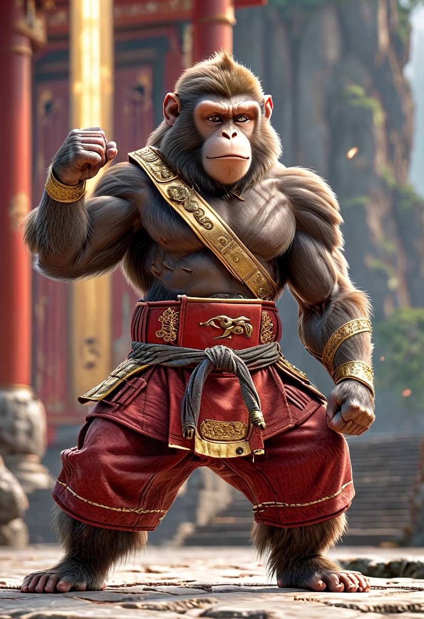 Close-up shot of a monkey, Monkey Martial Artist,whole body, Lightning-charged Fist, Wearing martial arts uniform, Chinese Shaolin Temple Background, High resolution, masterpiece, Highest quality, Super detailed, Super detailed, Ultra-realistic,
 Hong Kong Style, 3D Fluffy, Cute and adorable close-ups, Cute big round reflective eyes, Long fuzzy fur, Pixar Rendering, unreal engine Cinematic smooth, Exquisite detail, Cinematic