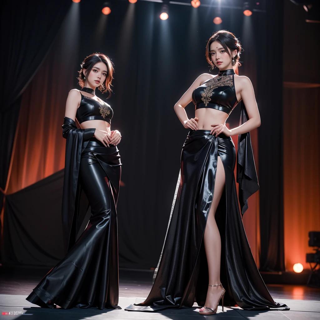 a beautiful woman in a black latex saree and blouse, standing on a wedding stage, with a perfect slim figure, 4k ultra realistic, high quality, photorealistic, masterpiece, intricate details, cinematic lighting, dramatic colors, elegant pose