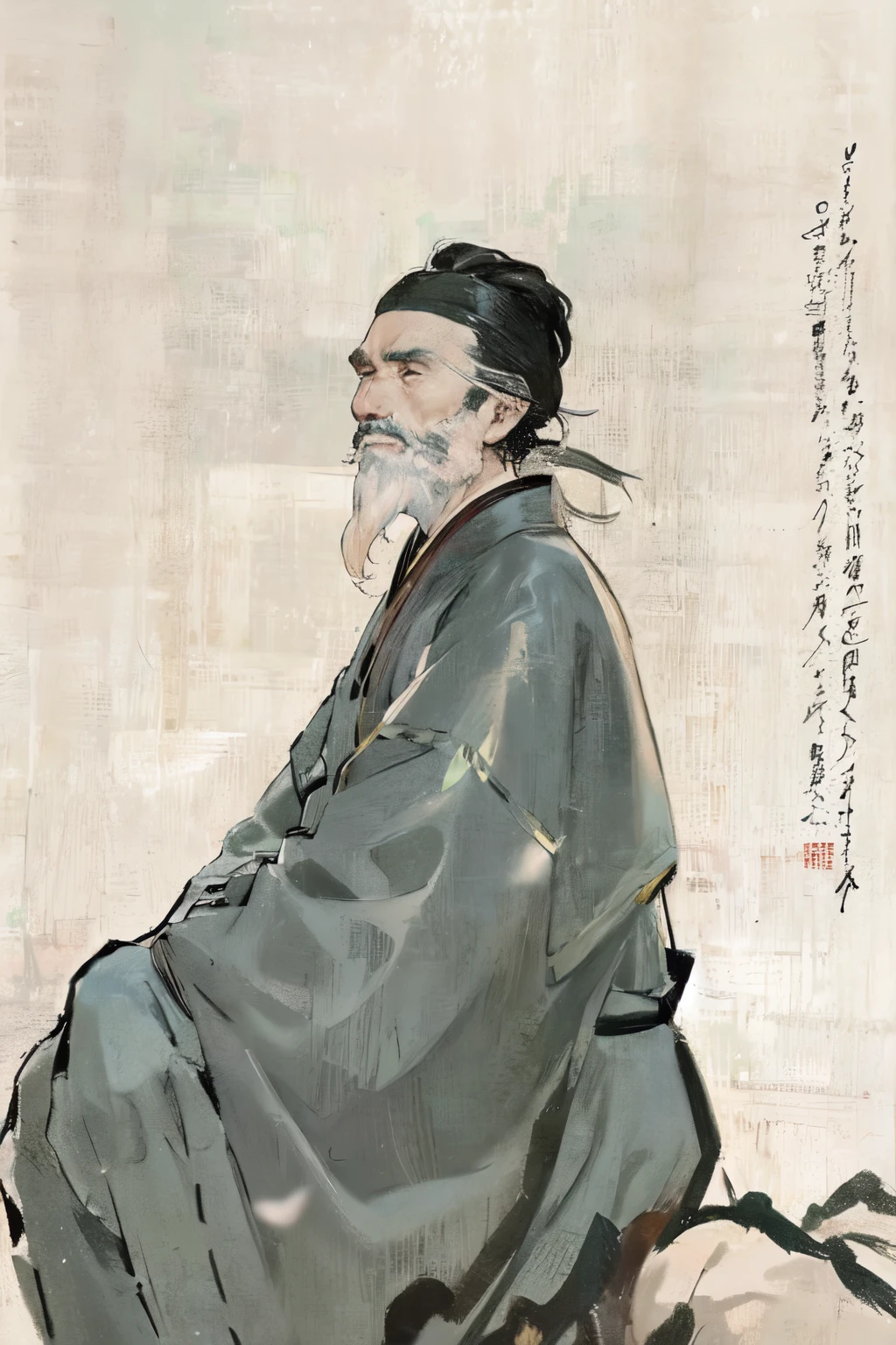 Old,Long-bearded,Male poets,Wearing a Tang Dynasty wide-sleeved robe,Dress simply,Thin,Frailty,