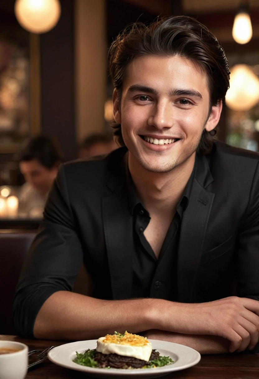 a 25 year old man in a restaurant eating, dark brown hair styled back, posing for a photo with a seductive and beautiful smile, high quality, photorealistic, detailed face, intricate details, warm lighting, elegant setting, shallow depth of field, dramatic lighting, chiaroscuro, cinematic, dramatic atmosphere, masterpiece, foot realistic.